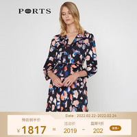 PORTS 宝姿 女装 夏季新品印花V领七分袖连衣裙LV9D048DPT006 黑色印花