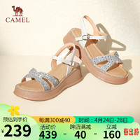 骆驼（CAMEL）坡跟凉鞋女度假风牛皮闪钻条带搭扣凉鞋 L24M040624 米白/银 36