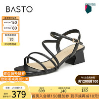 百思图（BASTO）2024夏季复古休闲条带罗马粗跟女凉鞋TNE32BL4 黑色 36