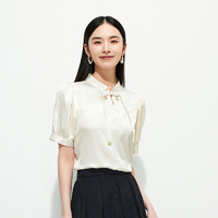 洛可可（ROCOCO）新中式衬衫女2024夏季薄款国风上衣立领短袖盘扣小衫 杏色 M