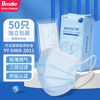 Brodio 一次性成人医用外科级口罩独立包装不勒耳透气防尘三层防护 蓝色50只/袋