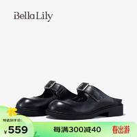 Bella Lily2024春季法式魔术贴半包拖鞋女外穿单鞋真皮休闲鞋 黑色 35