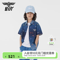 BOY JUNIOR 24新品儿童短袖衬衫春夏字母印花深蓝牛仔色上衣男童女童 蓝色 155