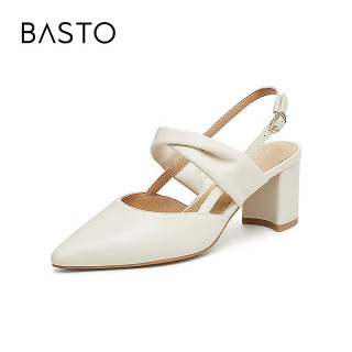 百思图24夏季尖头粗跟玛丽珍高跟鞋后空女凉鞋ruf35bh4 米白 38