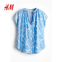 H&M女装衬衫2024夏季时尚条纹棉质圆领轻柔盖袖上衣1204909 蓝色/图案 155/80