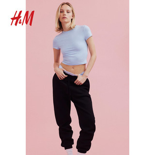 H&M女装2024夏季T恤2件装柔软棉质修身舒适短款女上衣1141812 浅蓝色/白色 155/76
