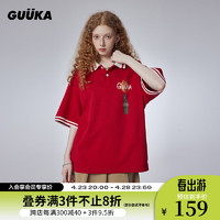 古由卡（GUUKA）美式休闲翻领纯棉短袖T恤女夏潮 复古个性拼接上衣宽松百搭 马术红 S