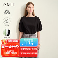 AMII2024夏极简纯色全棉丝光棉一字领宽松灯笼袖T恤女款 黑色 160/84A/M