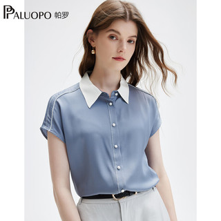 帕罗（PALUOPO）短袖拼接真丝衬衫女士24春夏格雷桑蚕丝优雅纯色透气衬衣上装 灰蓝 XXL(175/96A)