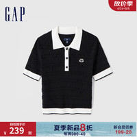 Gap女装2024夏季纹理感刺绣logo撞色polo领针织衫上衣465703 黑色 175/92A(XL) 亚洲尺码