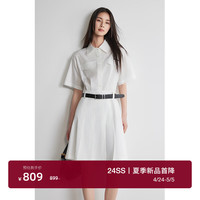 ochirly 欧时力 学院风衬衫裙2024夏装压褶显瘦短袖连衣裙女 白色 XS