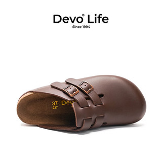 Devo Life的沃软木拖鞋女包头时尚复古文艺鞋半包亮面女士拖鞋22003 深棕亮面牛皮 36