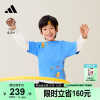 adidas奶龙联名休闲运动上衣长袖T恤男小童春季阿迪达斯 蓝/汉玉白 128CM
