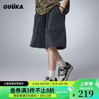 古由卡（GUUKA）复古洗褪针织短裤男春夏潮 青少年做旧透气休闲裤子宽松百搭 黑色 XL