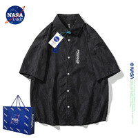NASA LIKE潮牌衬衫夏季冰丝短袖男女日系宽松休闲衬衣百搭青少年上衣 NASA联名-黑色 XL（125-145斤）