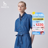 哈吉斯（HAZZYS）女装 2024夏季女士复古宽松牛仔短袖衬衫女ATCSK1BBK59 蓝色BL 170/92A 42