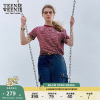 Teenie Weenie小熊2024年夏季条纹圆领短袖T恤美式学院风上衣 酒红色 170/L
