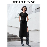 URBAN REVIVO 女收褶开衩圆领修身连衣裙 UWJ740014 黑色 S