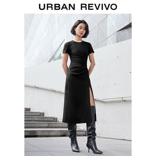 URBAN REVIVO 女收褶开衩圆领修身连衣裙 UWJ740014 黑色 L