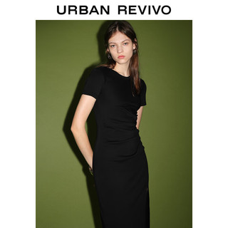 URBAN REVIVO 女收褶开衩圆领修身连衣裙 UWJ740014 黑色 L