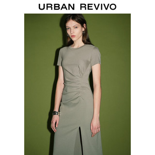 URBAN REVIVO 女收褶开衩圆领修身连衣裙 UWJ740014 绿卡其 XL