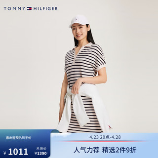 TOMMY HILFIGER 24春季女装莱赛尔混纺条纹V字领合身POLO连衣裙03017 米白黑条纹03M S