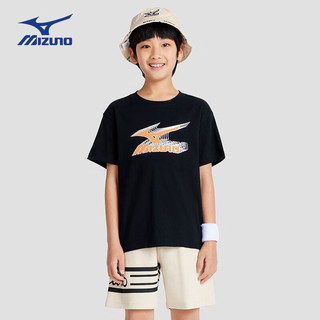美津浓（MIZUNO）童装夏季短袖运动字母圆领透气上衣简约t恤 黑色 160CM（85-100斤）