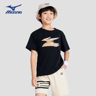 美津浓（MIZUNO）童装夏季短袖运动字母圆领透气上衣简约t恤 黑色 160CM（85-100斤）