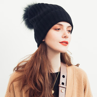 aiurtruuttiAIU意大利针织羊绒帽 狐狸毛球时髦冷帽休闲运动冬季包头帽子 白色