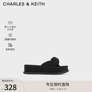 CHARLES & KEITH CHARLES&KEITH24春绒布扭结一字带厚底外穿拖鞋CK1-70381039 BLACK TEXTURED黑色纹理 41