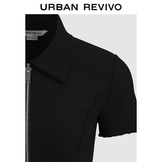 URBAN REVIVO 女士潮流双拉链修身花边短袖开襟衬衫 UWV240034 正黑 XS