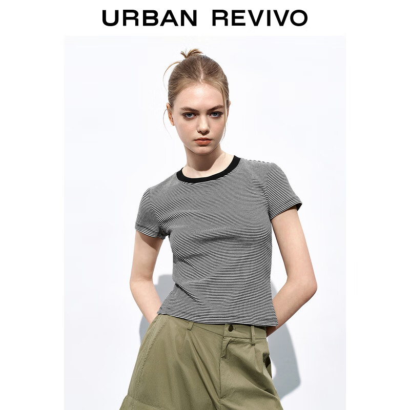 URBAN REVIVO 夏季女纯棉圆领正肩T恤 UWL440095 黑色条纹 XL