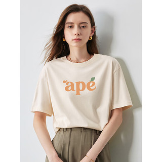 初语落肩宽松纯棉短袖T恤女2024年夏季休闲字母上衣 奶油杏-APE字母T XL