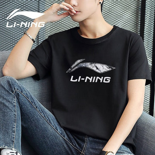 LI-NING 李宁 短袖t恤男宽松休闲潮流简约打底衫男上衣圆领舒适透气印花男装 黑色 3XL(190/104A)