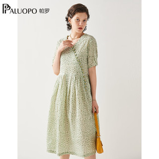 帕罗（PALUOPO）印花中长款连衣裙女纯棉碎花收腰V领短袖显瘦田园风夏季女士裙子 花色绿 XL(170/92A)