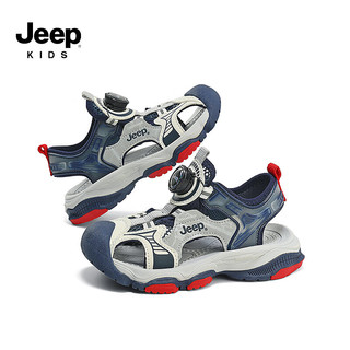 Jeep吉普女童包头凉鞋2024夏季男童鞋子防滑软底儿童运动沙滩鞋 深蓝红 28码 鞋内长约18.1cm