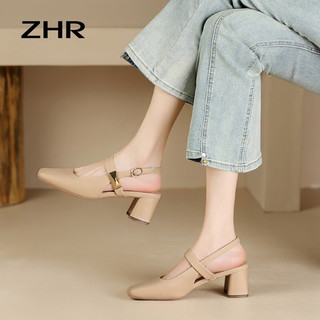 ZHR包头凉鞋女2024夏季法式高跟一字带浅口单鞋粗跟后空玛丽珍鞋 杏色 34