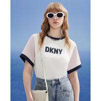 DKNY 唐可娜儿 撞色缎面拼接袖烫钻LOGO女式T恤2024春夏