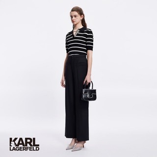 KARL LAGERFELD 珍珠装饰条纹V领短袖女POLO衫2024春夏