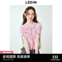 LEDIN 乐町 小香风粉色针织开衫24年夏季新款翻领撞边短袖干爽针织上衣