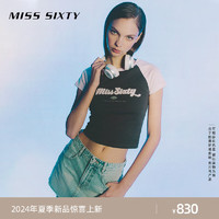 MISS SIXTY2024夏季T恤女插肩袖美式复古风字母刷绣撞色显瘦 灰色 M
