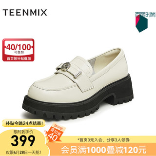 TEENMIX 天美意 2024春厚底英伦小皮鞋单鞋女乐福鞋BI321AA4 米白 34