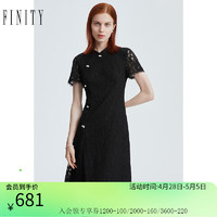 FINITY 菲妮迪 中式连衣裙2023年夏季新款 简约气质黑色国风盘扣短袖A字裙 黑色 S