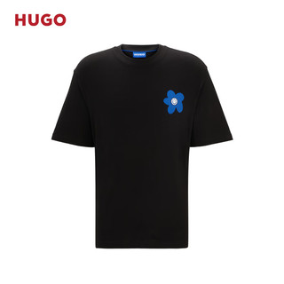 HUGO男士2024夏季徽标艺术图案装饰棉质平纹针织 T 恤 001-黑色 L