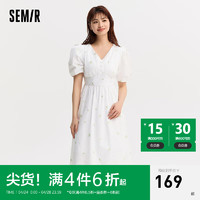 Semir 森马 连衣裙女泡泡袖V领收腰夏季重工绣花裙子 白色调00411 170/92A/XL