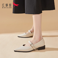 红蜻蜓 皮鞋女法式玛丽珍尖头平底鞋女单鞋低跟女鞋 WTB1420002 米色 40