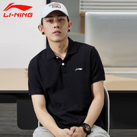 LI-NING 李宁 POLO衫男短袖夏季新款冰丝速干t恤休闲翻领健身半袖T恤运动上衣 标准黑(白标-100%棉)