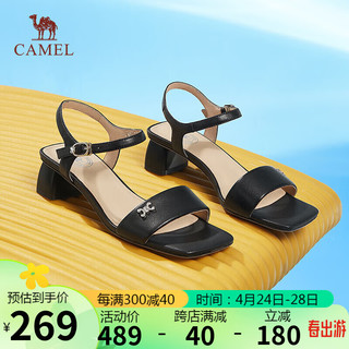 骆驼（CAMEL）一字带凉鞋女优雅钻饰羊皮搭扣粗跟凉鞋 L24M007603 黑色 35