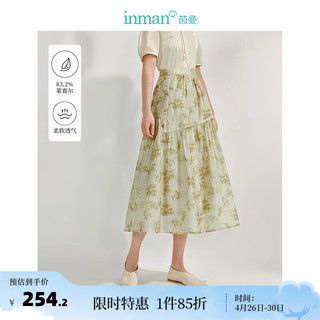 茵曼（INMAN）新中式莱赛尔半身裙2024夏季女装不对称分割国风印花长裙 灰豆绿 S