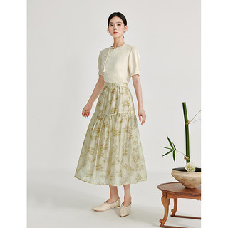 茵曼（INMAN）新中式莱赛尔半身裙2024夏季女装不对称分割国风印花长裙 灰豆绿 S